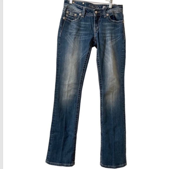 Miss Me Signature Rise Boot Blue Jeans 28 Med Wash Rhinestones Embroidered Rose - Picture 4 of 15